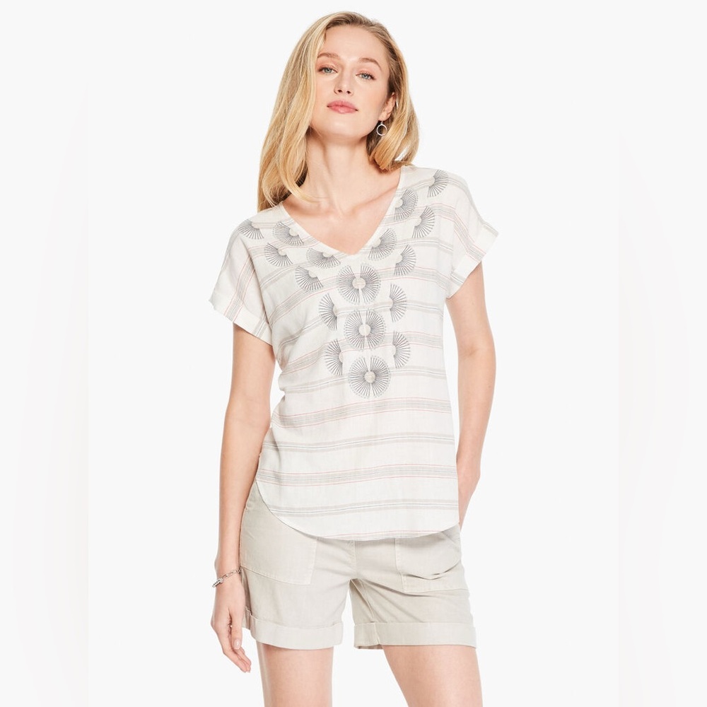 Nic + Zoe White Neutral Linen Blend Striped Embroidered Short Sleeve Boho Blouse